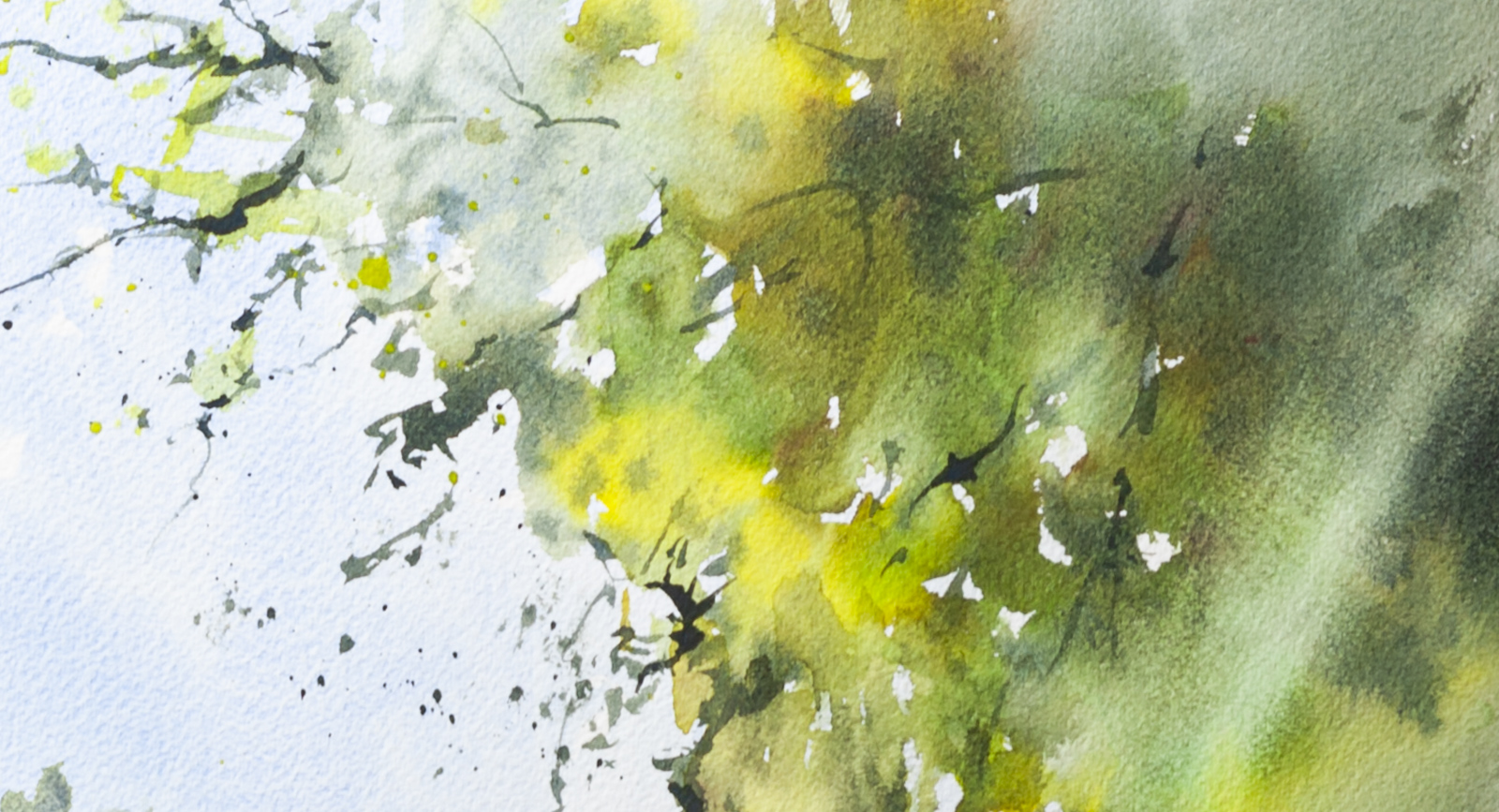 Close-up detail of Around the Block artwork showing leafy tree canopy and morning sunlight