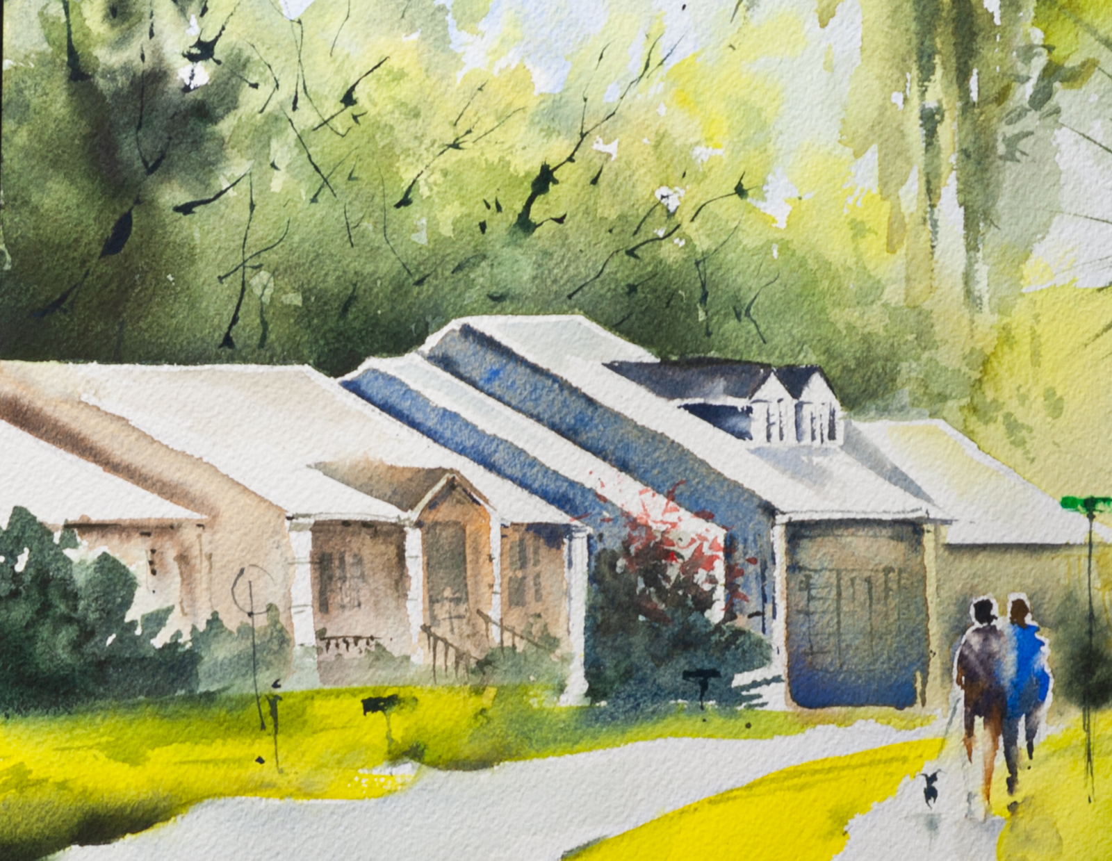 Close-up detail of Charleston neighborhood artwork with colorful houses and couple walking their dog