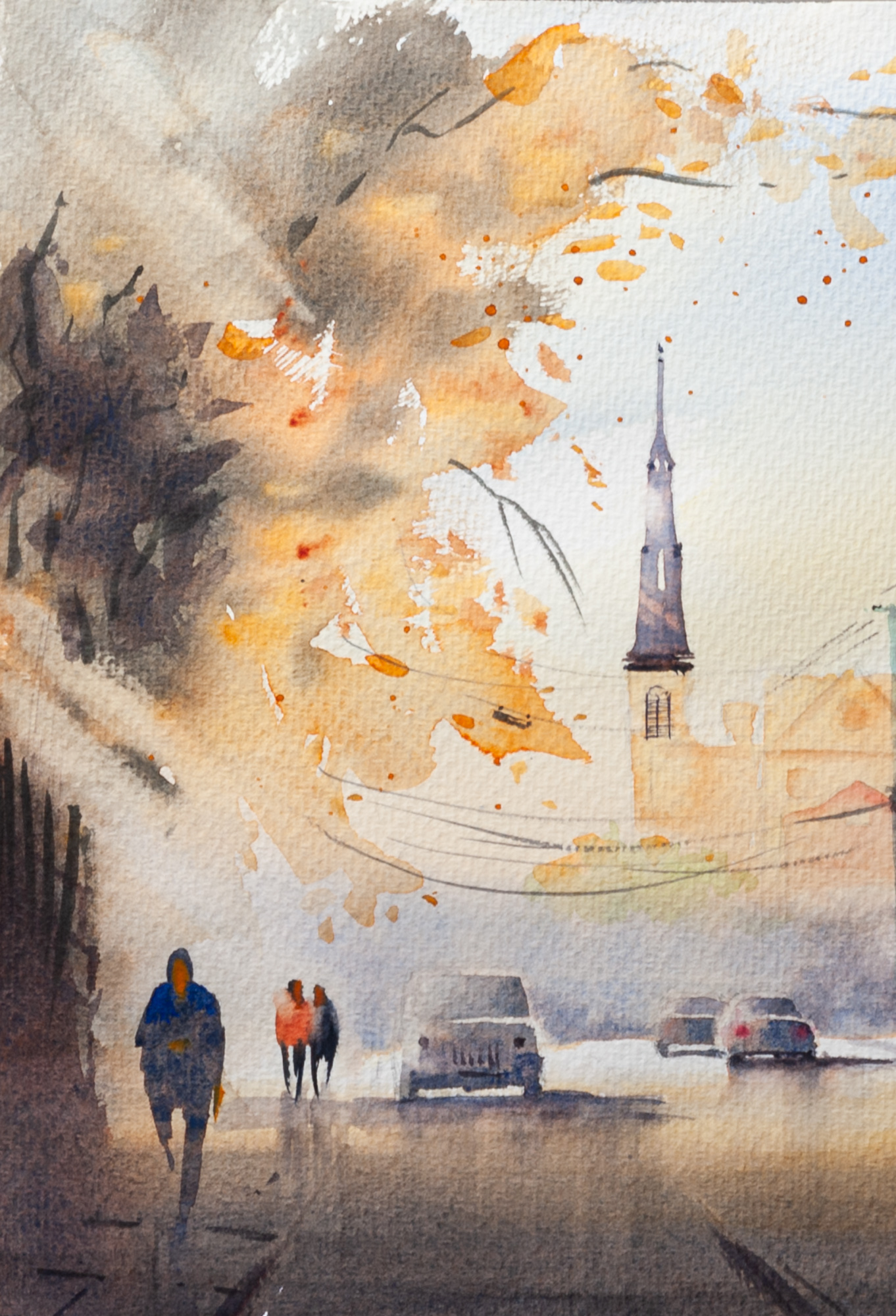 Close-up detail of Before the Storm artwork showing Citadel Square Church steeple and storm clouds