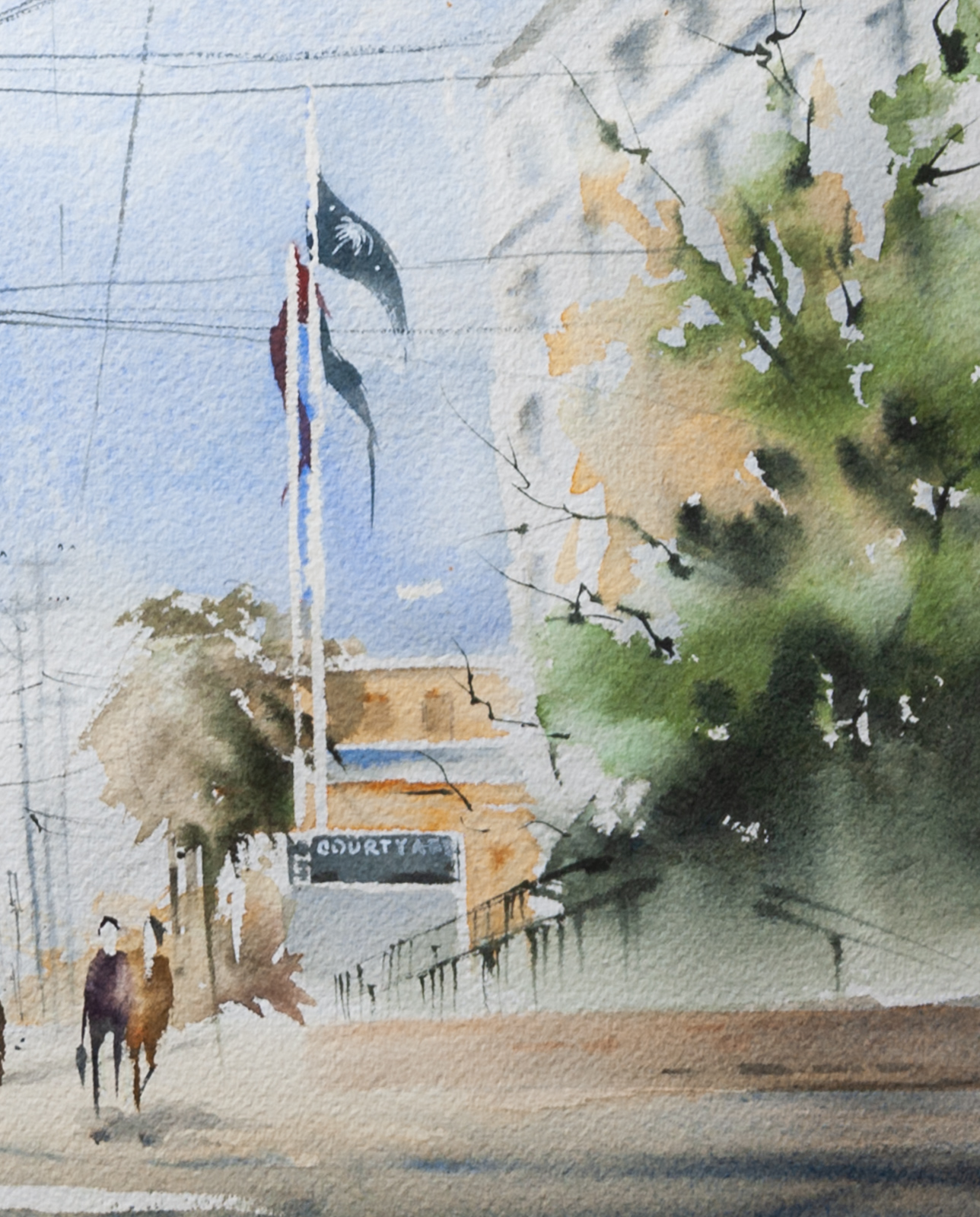 Close-up detail of Charleston Meeting Street artwork showing flags, trees, and historic architecture