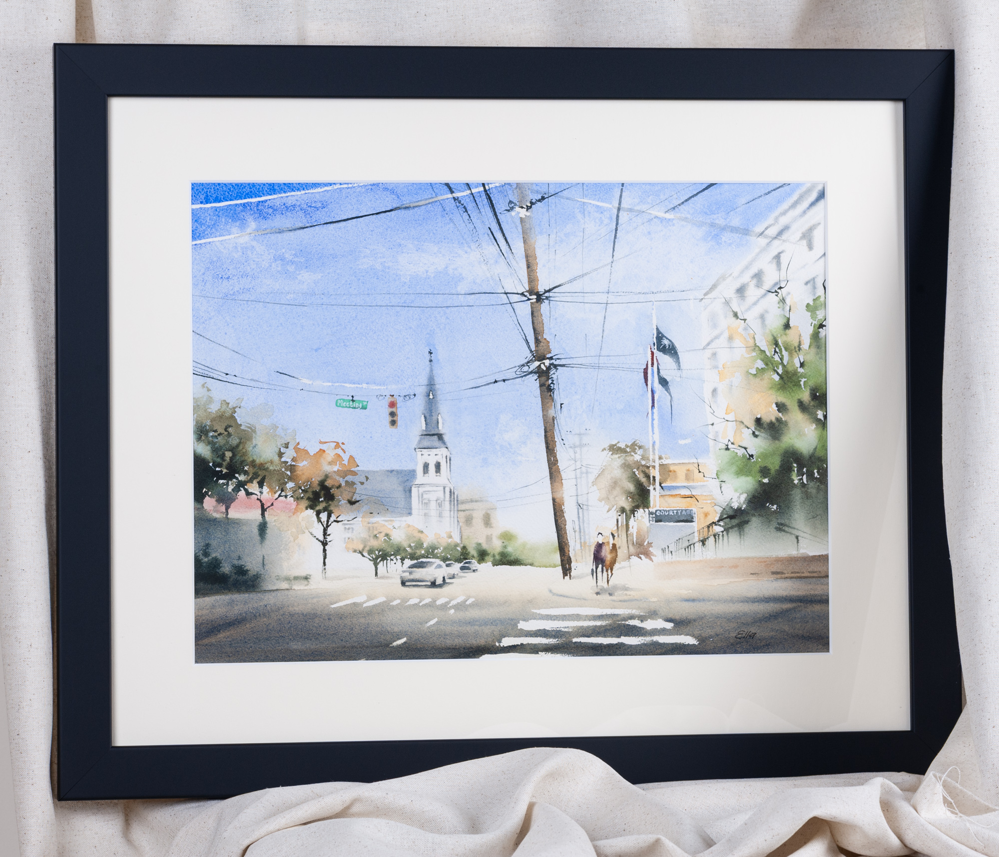 Corner of Meeting Charleston artwork displayed in a black frame, elegant wall art for home décor