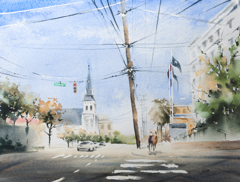 Charleston artwork of Meeting Street corner with church steeple and historic charm, an elegant Southern keepsake gift