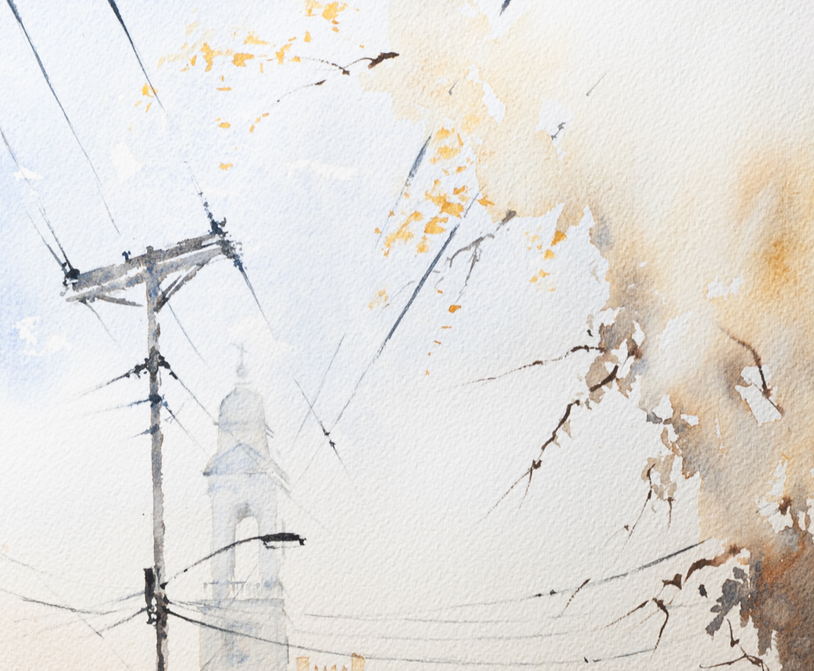 Close-up detail of Holy City Charleston artwork showing church steeple and autumn branches