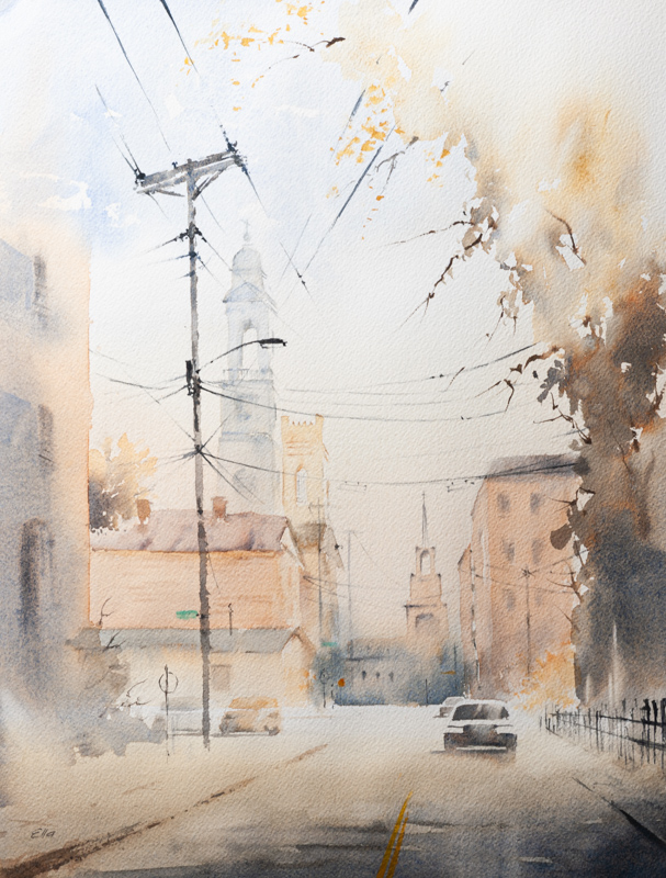 Charleston Holy City artwork featuring church steeples and historic street, an elegant Southern keepsake gift