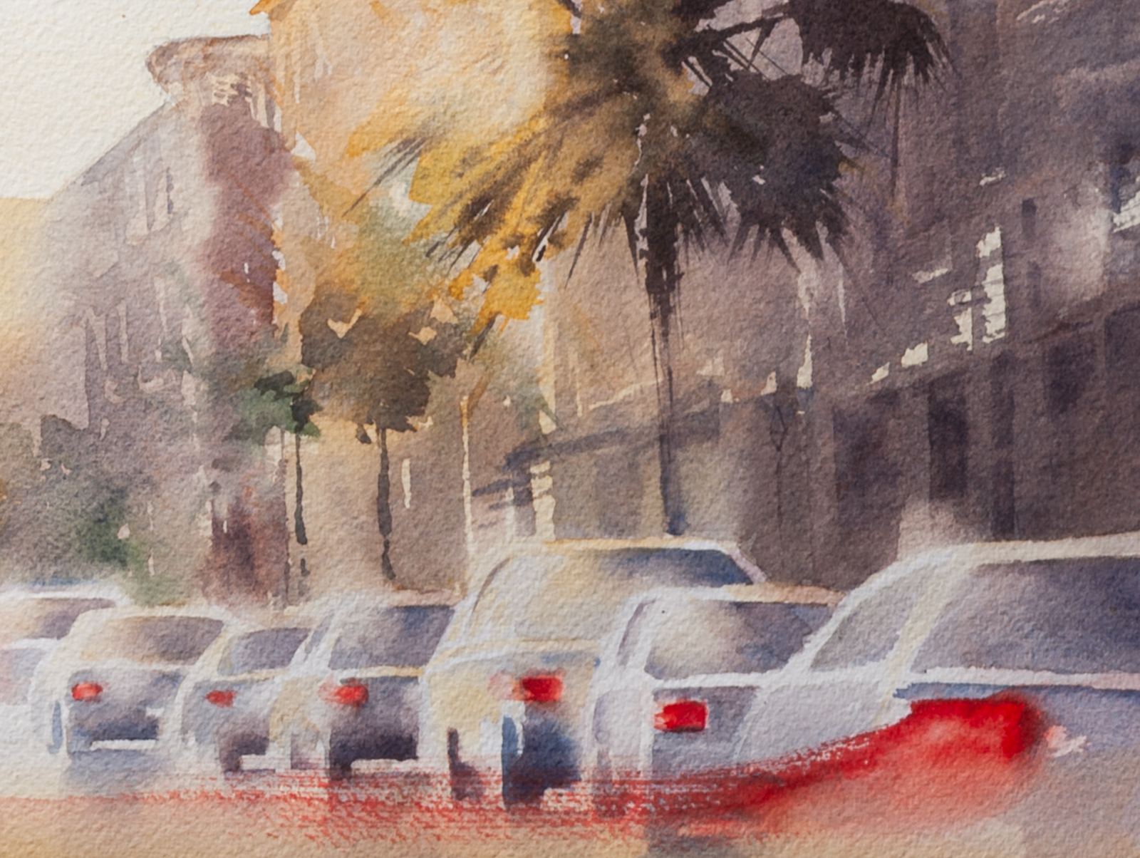 Close-up detail of King Street Charleston artwork showing palm trees and glowing car lights