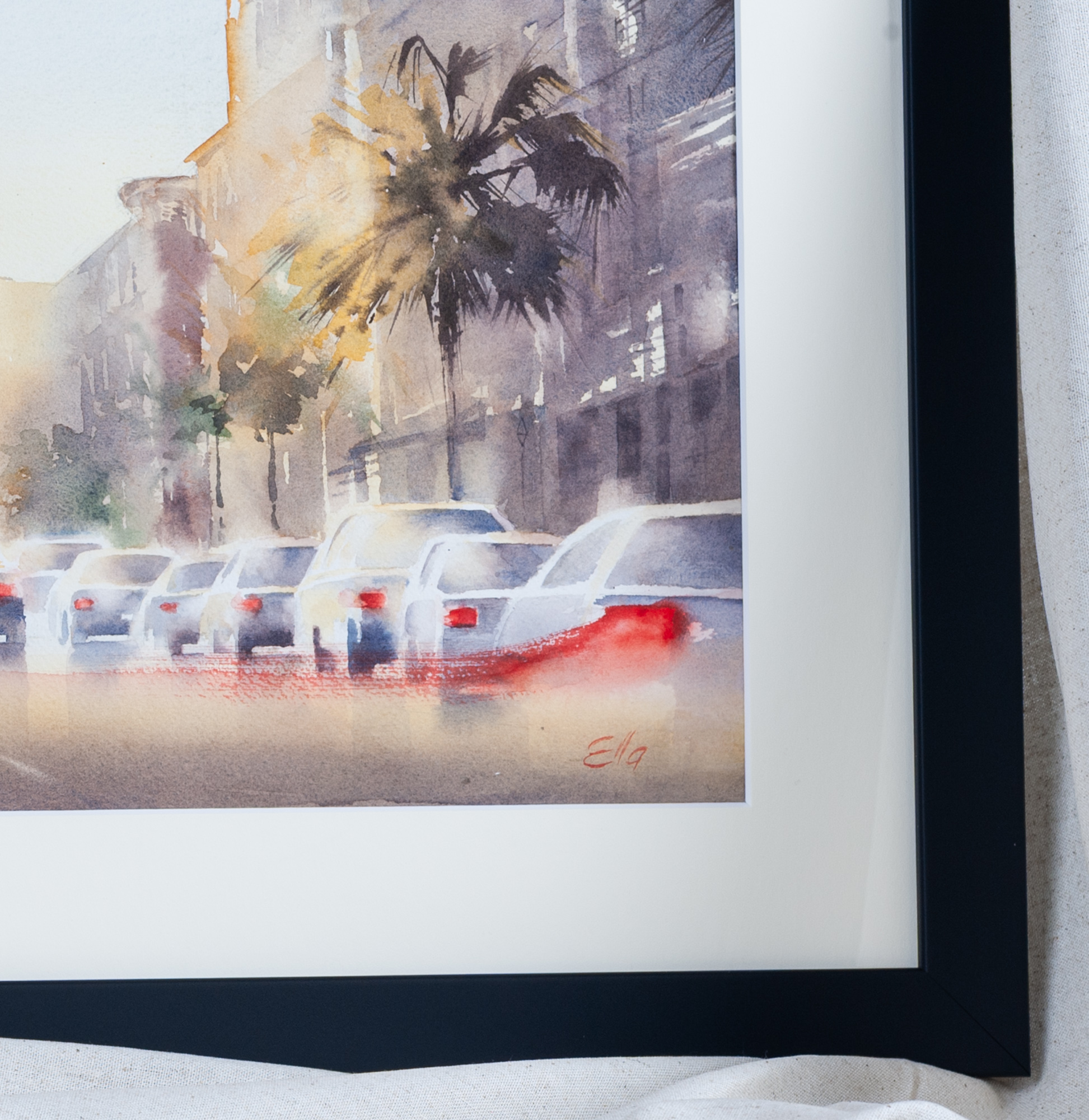 Framed detail of King Street Charleston artwork highlighting palm trees and architectural charm