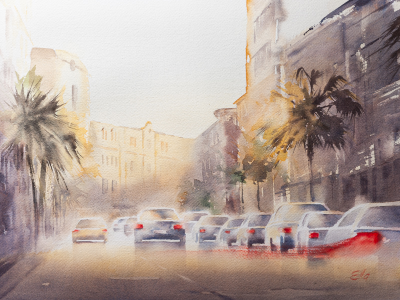 Luxury watercolor painting of Charleston’s King Street in afternoon light, a timeless Southern keepsake gift
