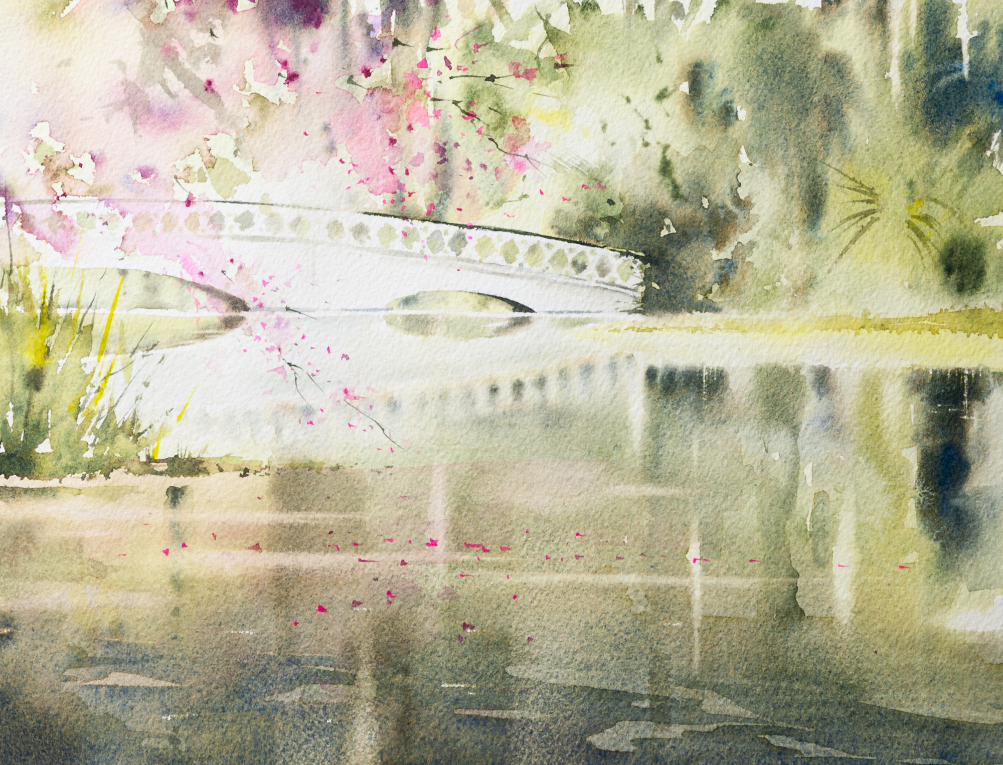 Watercolor painting of the white bridge at Magnolia Plantation with spring blossoms and reflections on the water.