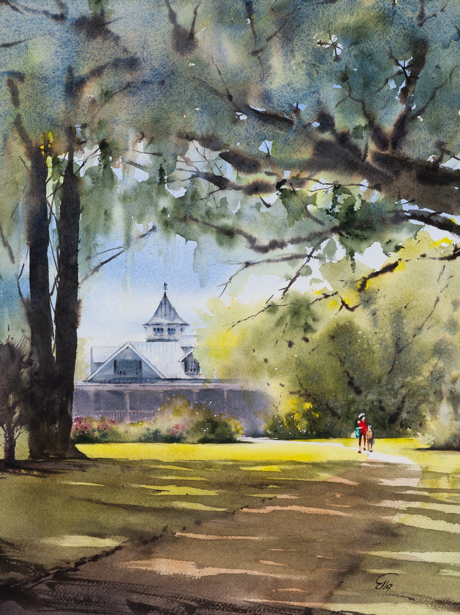 Watercolor painting of live oak trees and Spanish moss at Magnolia Plantation and Gardens in Charleston, South Carolina, with a plantation home, sunlit lawn, and two figures walking.