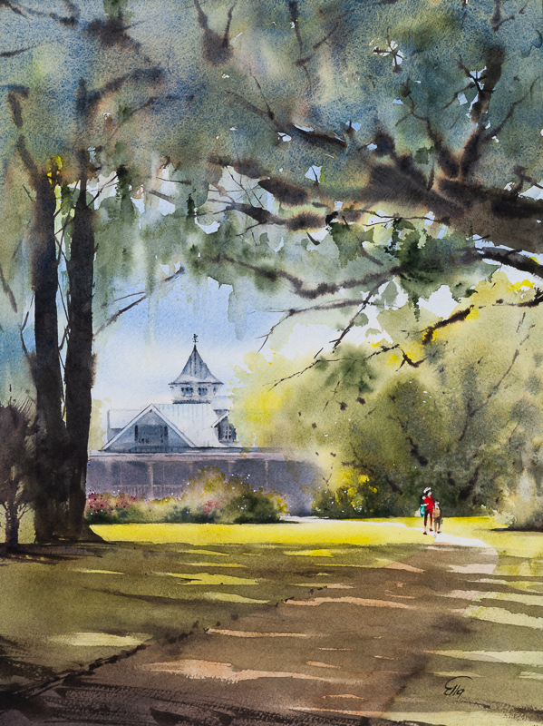 Watercolor painting of live oak trees and Spanish moss at Magnolia Plantation and Gardens in Charleston, South Carolina, with a plantation home, sunlit lawn, and two figures walking.