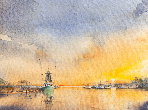 Watercolor painting of a shrimp boat at sunset on Shem Creek in Charleston, South Carolina, with warm peach and golden light reflecting on calm water.