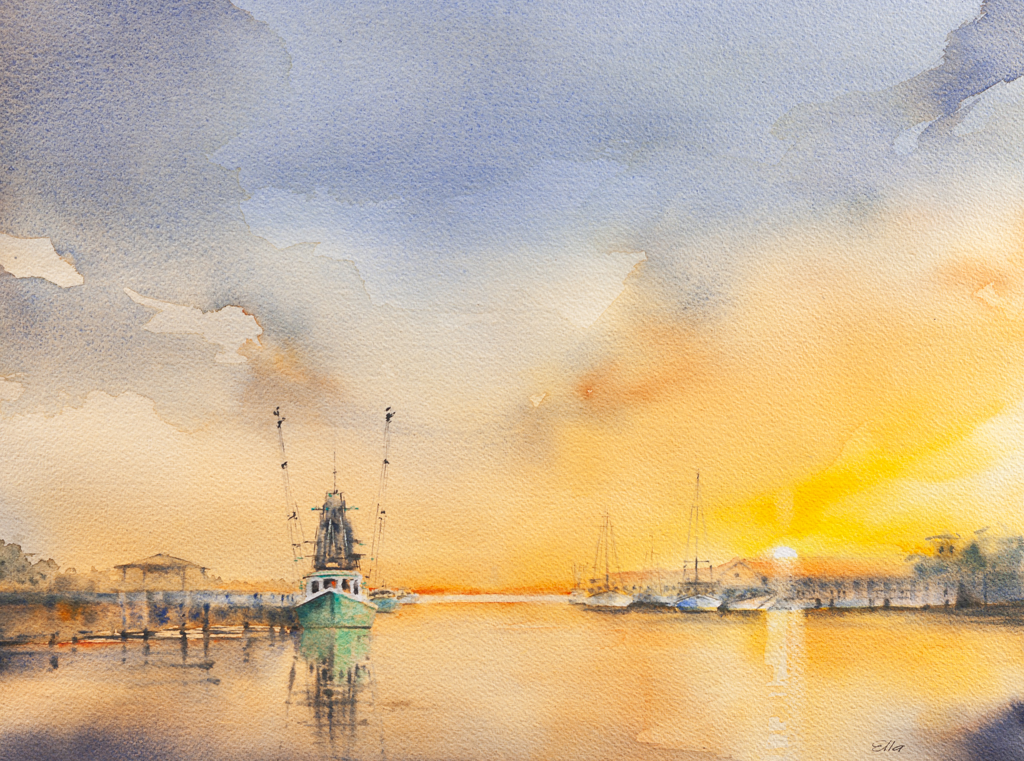 Original watercolor painting of a shrimp boat at sunset on Shem Creek in Charleston, South Carolina, featuring peach and golden light reflected on calm water.