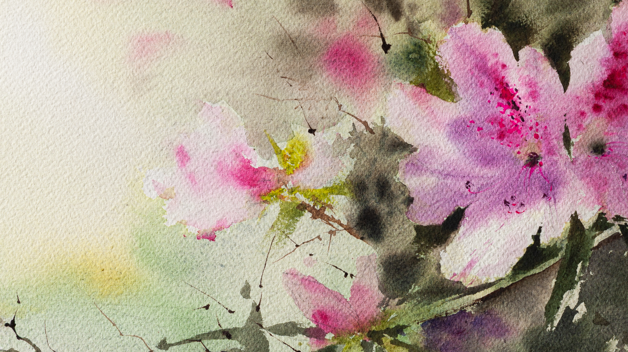 Close-up detail of pink azalea watercolor flowers showing soft petals, paper texture, and expressive Southern garden brushwork.