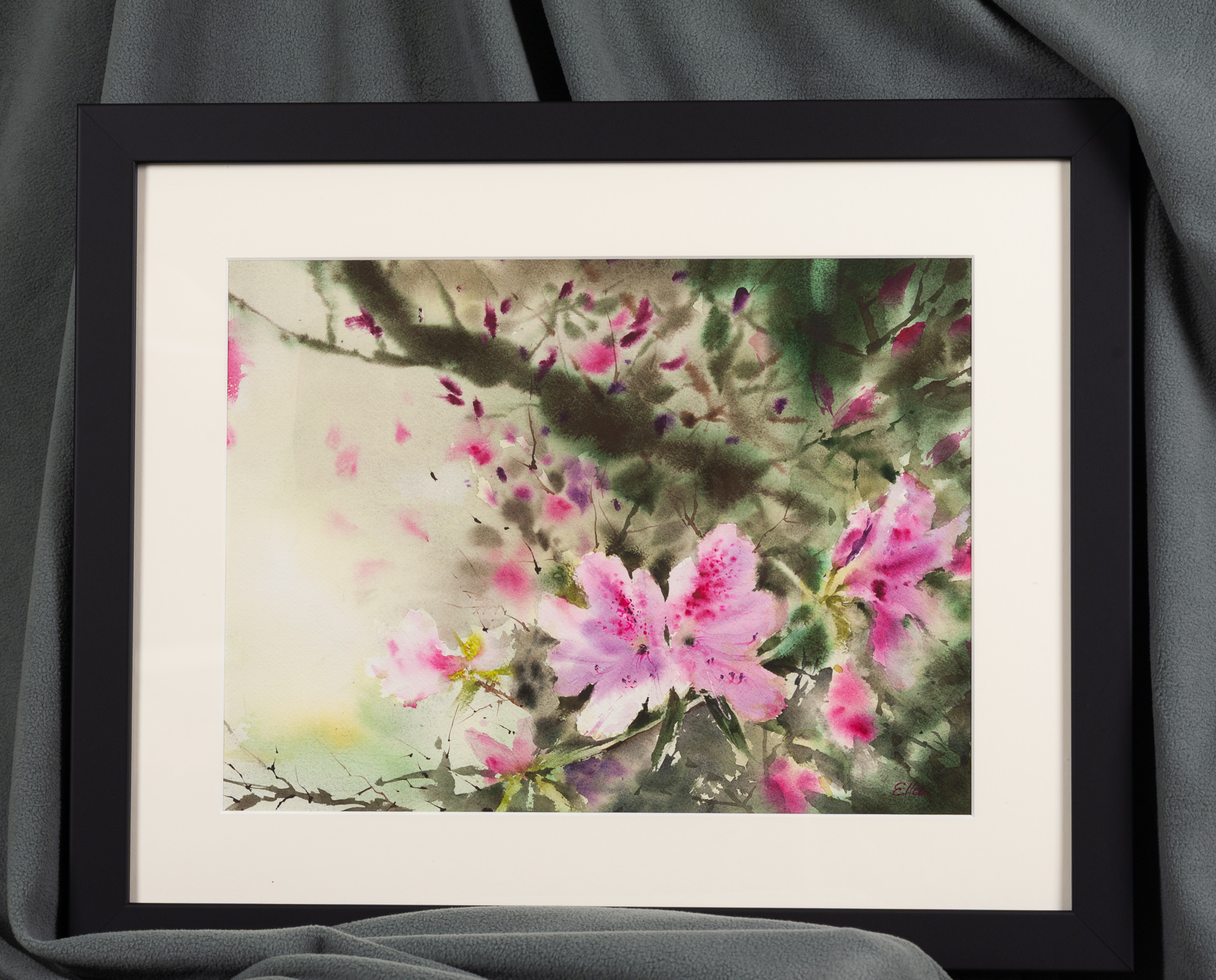 Framed pink azaleas watercolor painting with white mat and black frame, inspired by Charleston spring gardens and Lowcountry blooms.