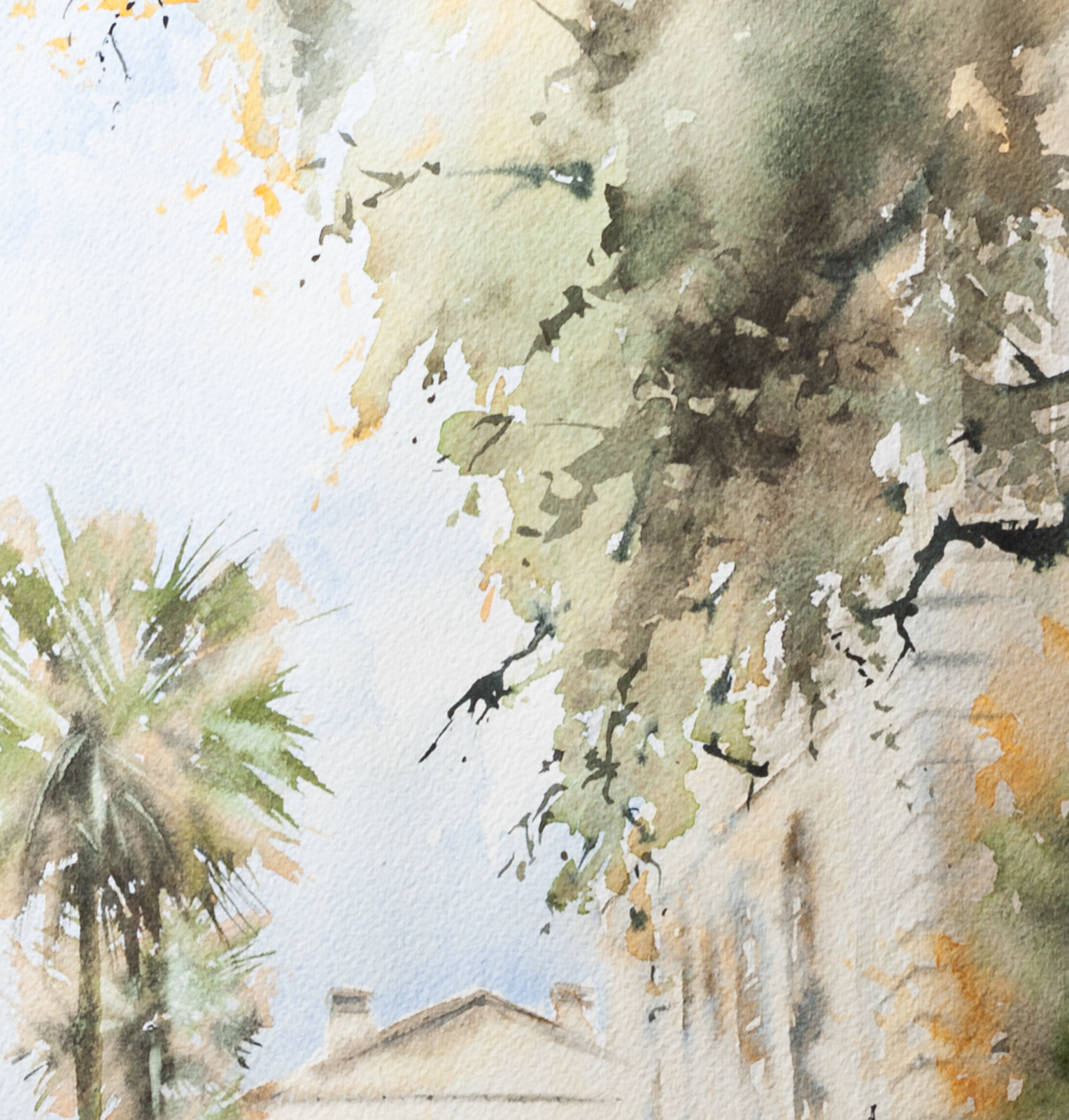Close-up detail of Quiet Charleston Corner artwork with tree branches and palm tree against the sky