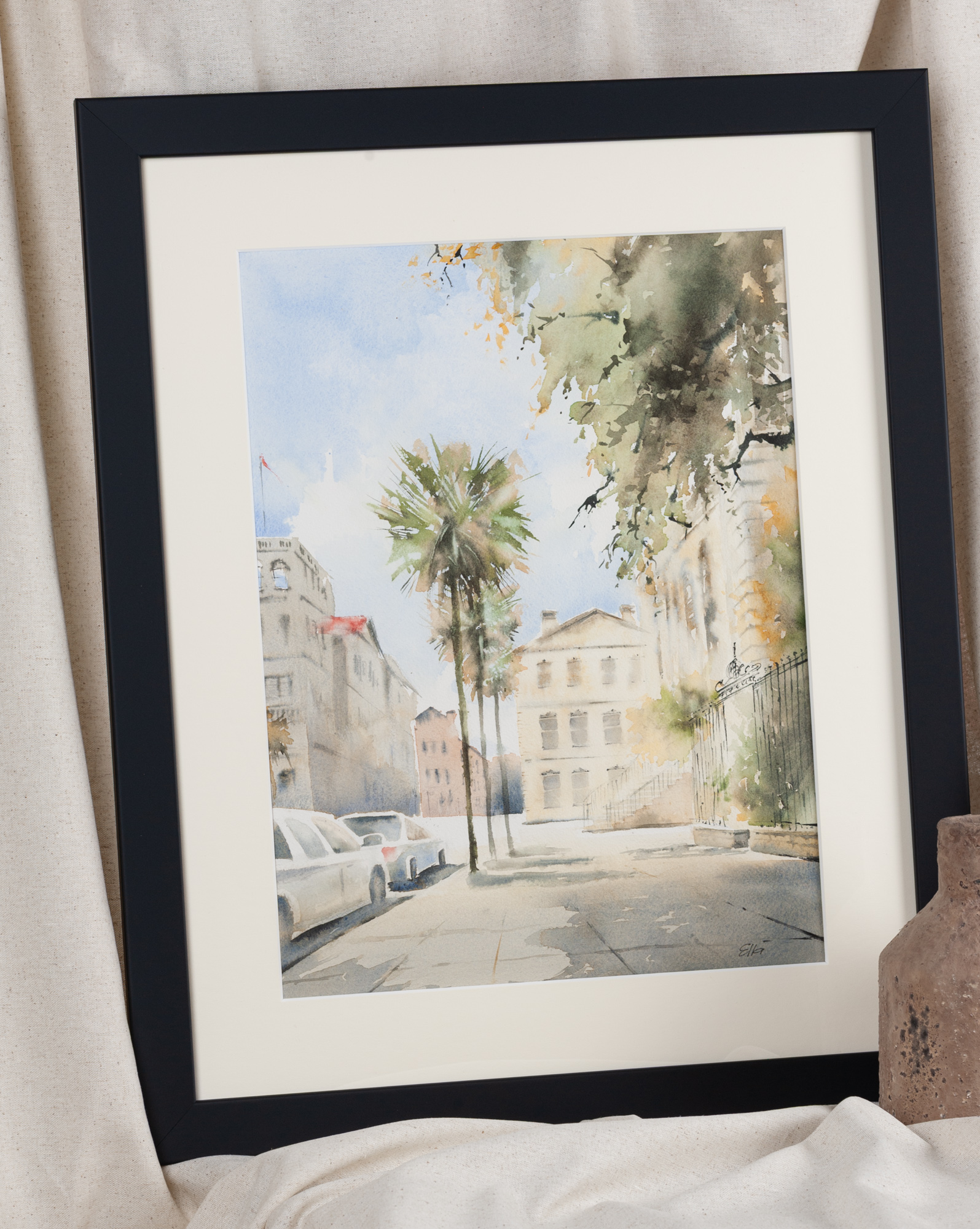 Quiet Charleston Corner artwork displayed in a black frame, elegant Charleston wall décor