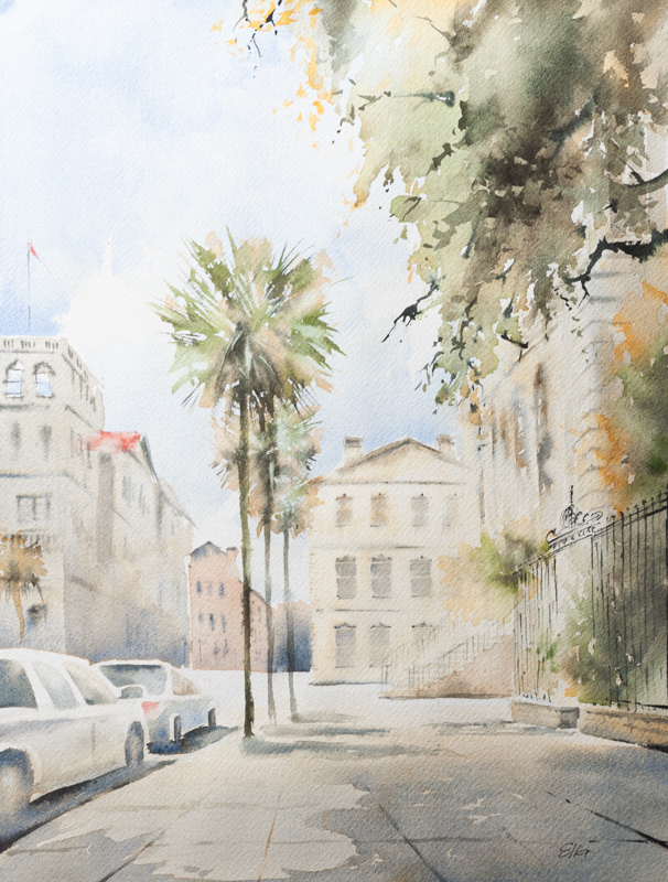 Downtown Charleston artwork of a quiet historic street with palm trees, an elegant keepsake gift