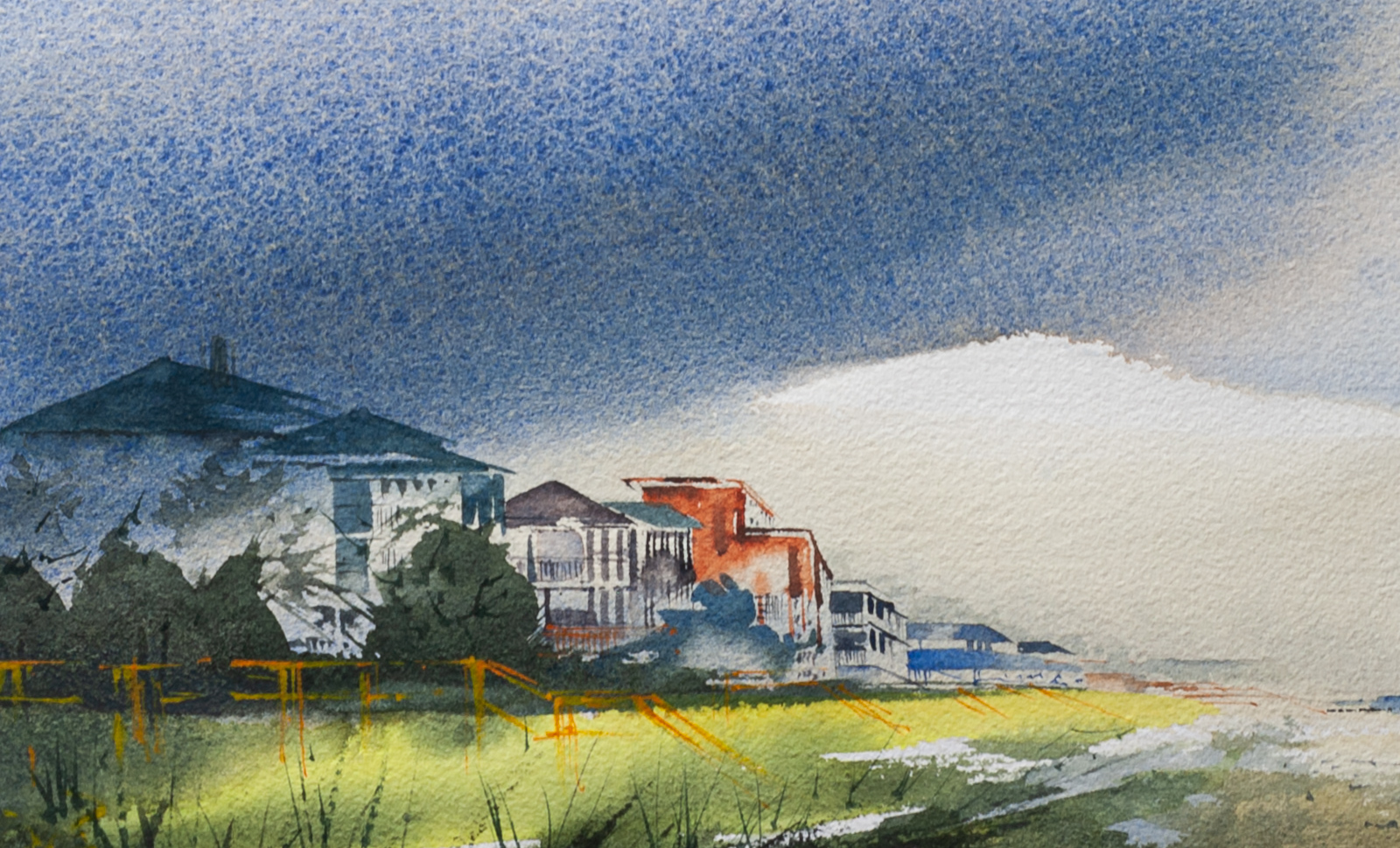 Close-up detail of Rain on Folly artwork showing Charleston beach houses beneath storm clouds