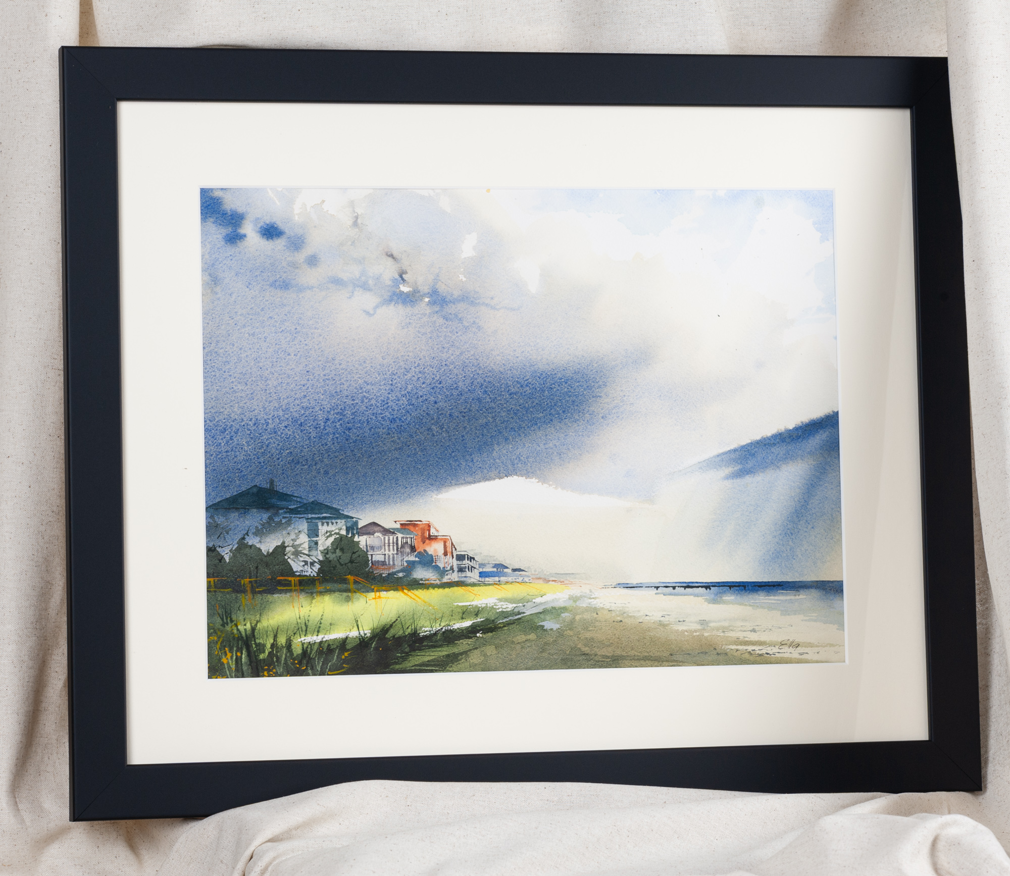 Rain on Folly Charleston coastal artwork displayed in a black frame, elegant beach-inspired wall décor