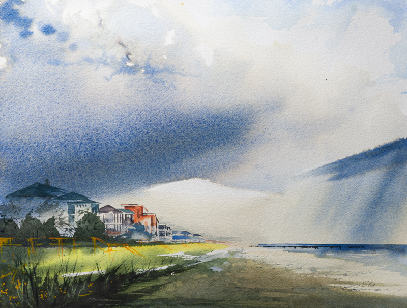 Folly Beach artwork of rainstorm over Charleston coast, a unique and elegant keepsake gift