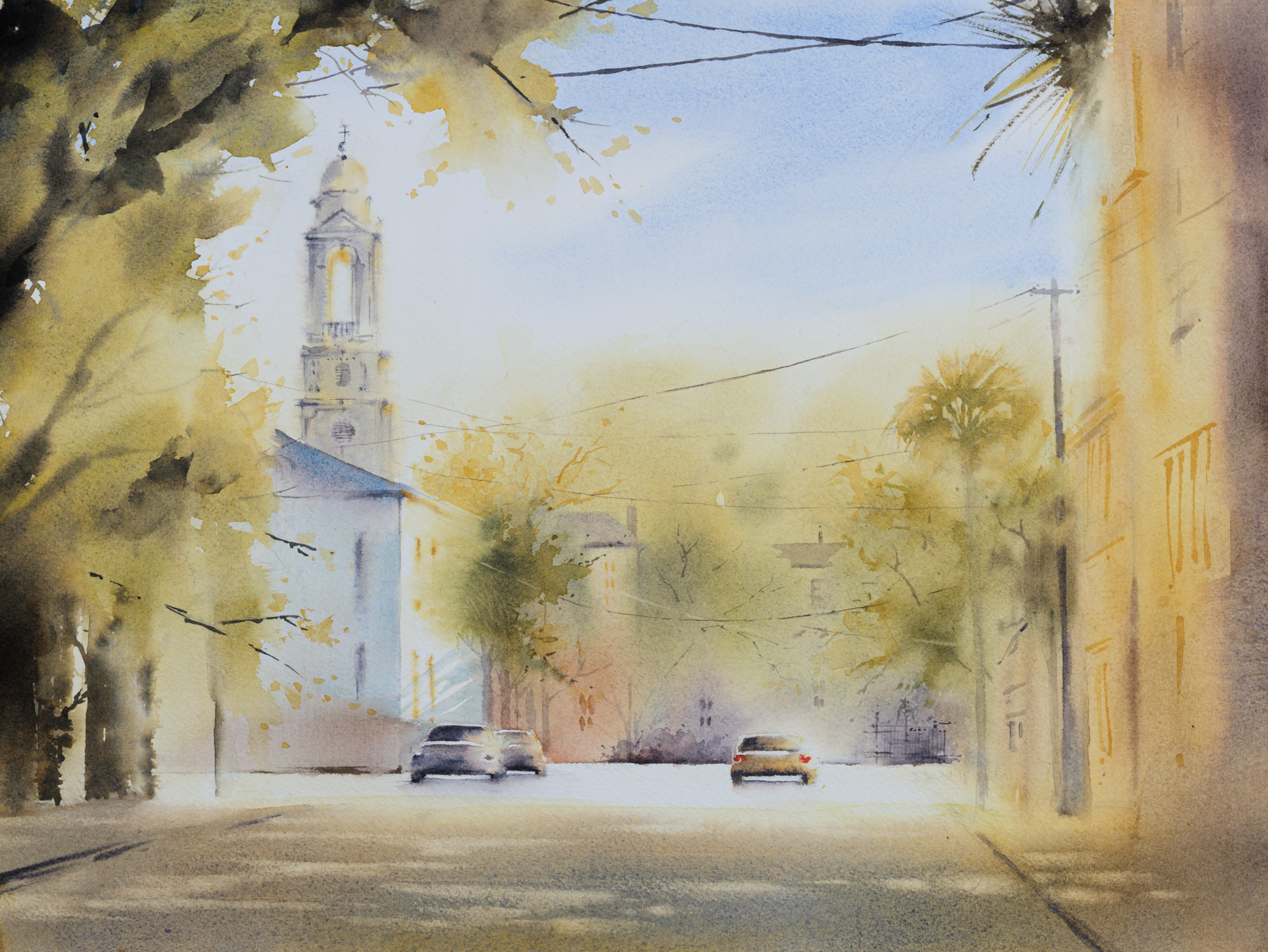 Watercolor painting of St. John’s Lutheran Church on Archdale Street in Charleston, South Carolina