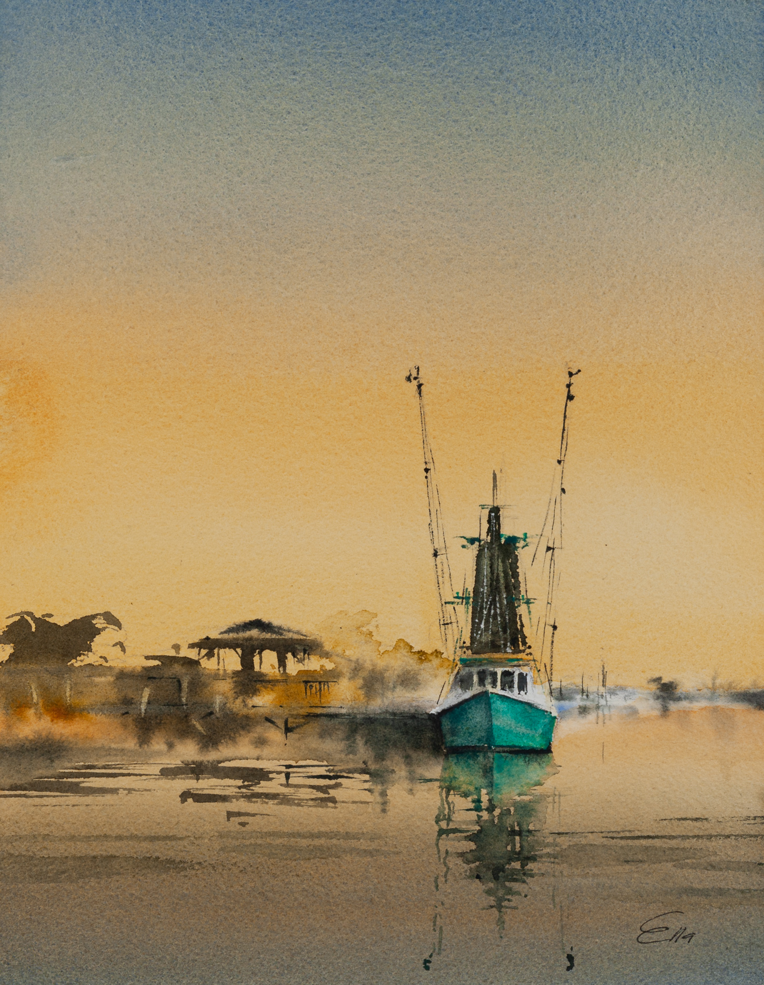 Original watercolor painting of a turquoise shrimp boat on Shem Creek near Charleston, South Carolina, beneath a golden evening sky, with soft marshland silhouettes and reflections in the water.
