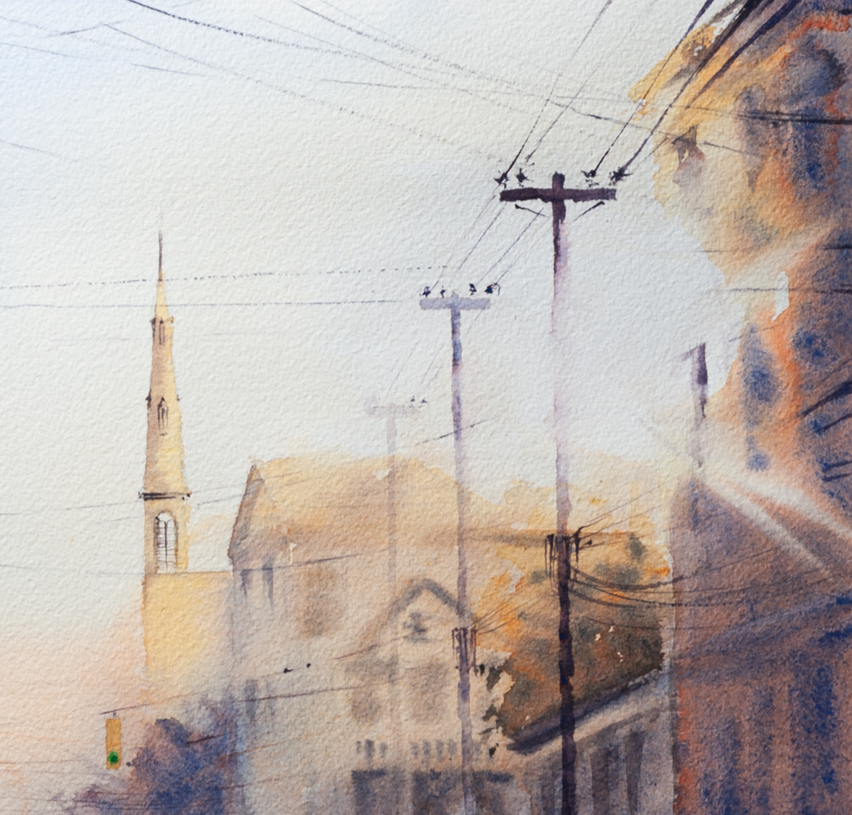 Close-up detail of Charleston Citadel Square Church artwork with steeple and morning sky