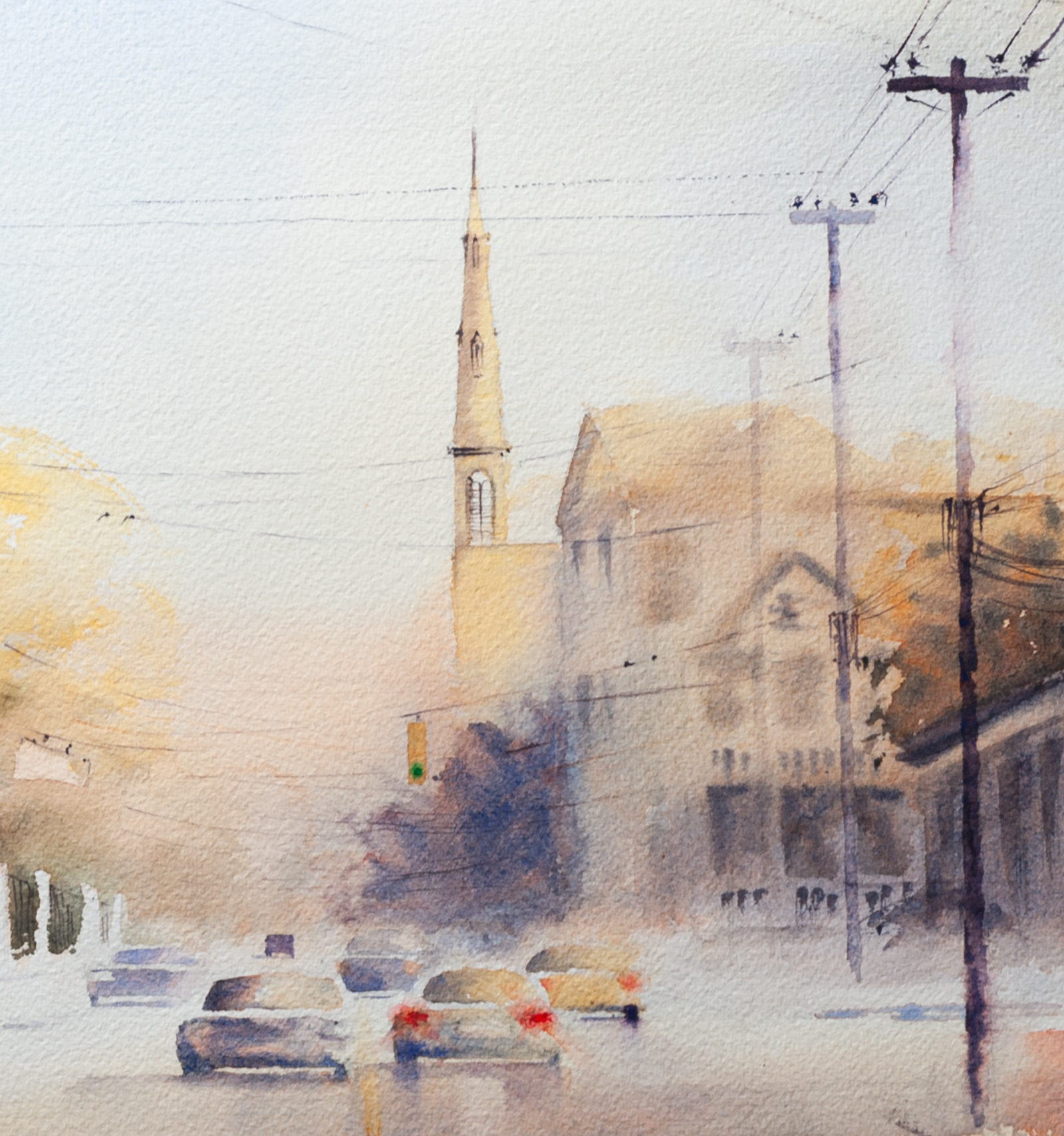 Close-up detail of Citadel Square Church Charleston artwork with sunlit street and passing cars
