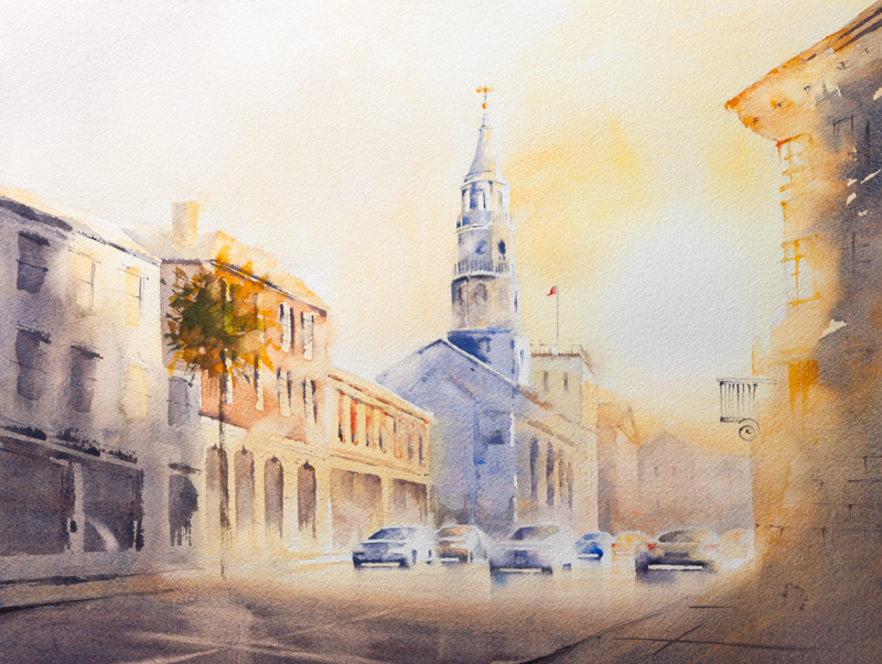 Charleston artwork of St. Michael’s Church at sunset on Broad Street, an elegant Southern keepsake gift